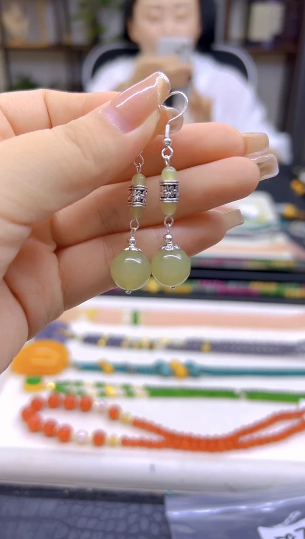 和田玉银S925镶嵌耳饰DIY款E876