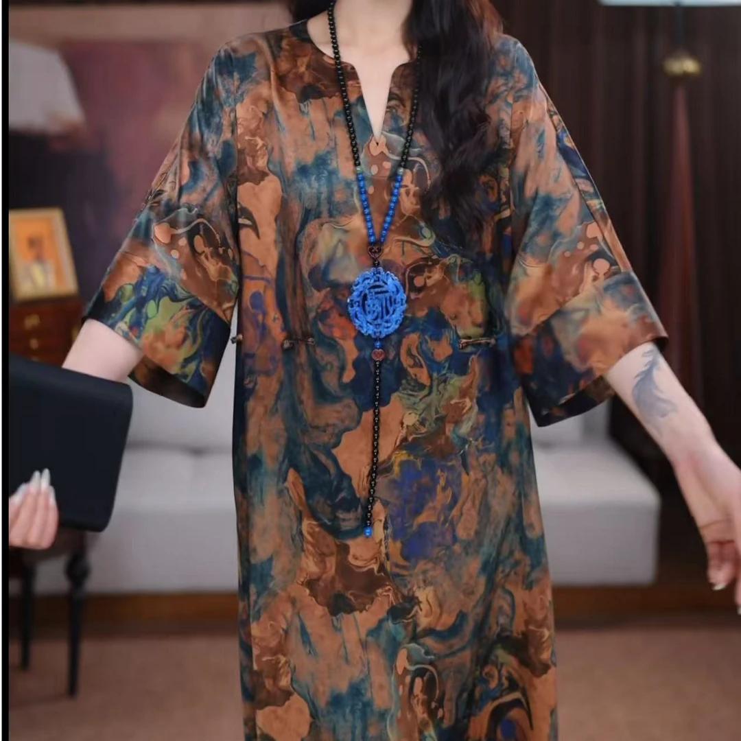 【瑾柠】香云纱长款重磅时尚国风提花遮肉印花复古长裙宽松连衣裙