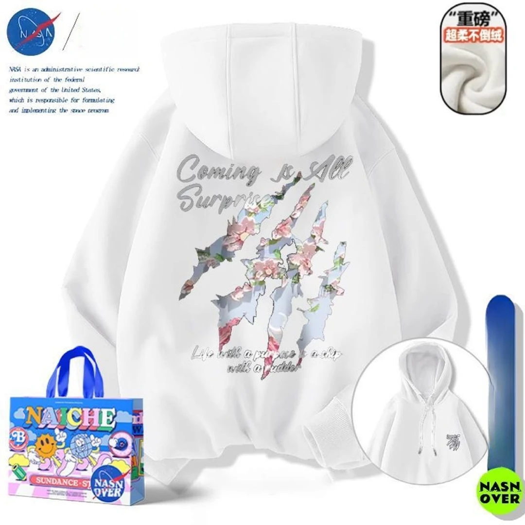 樱花涂鸦连帽卫衣美式ins卫衣男女秋冬款重磅休闲青少年上衣外套