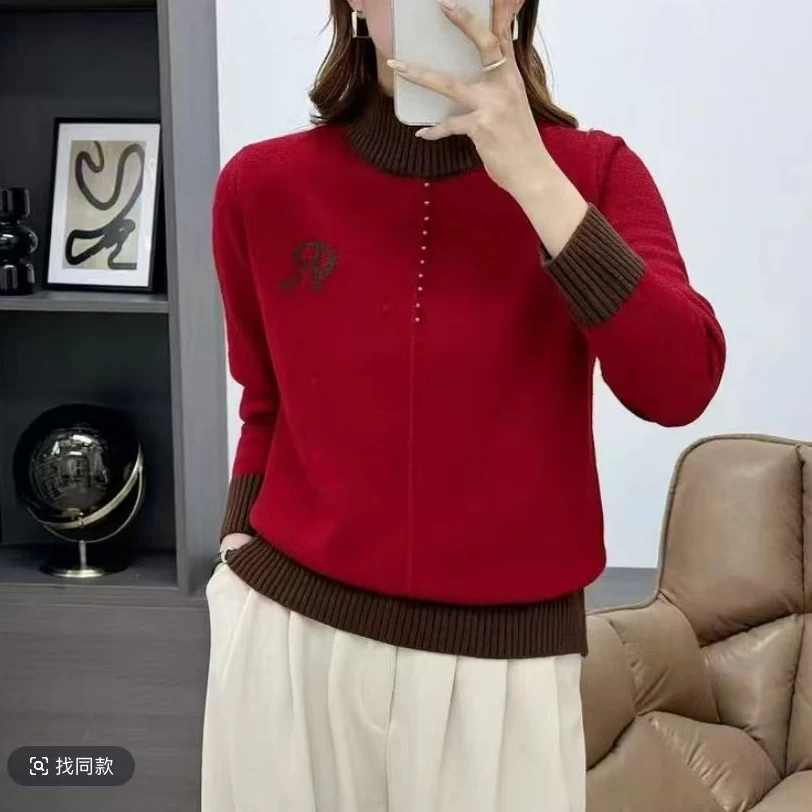 【泡珠-R标】117半高领字母泡珠针织宽松毛衣