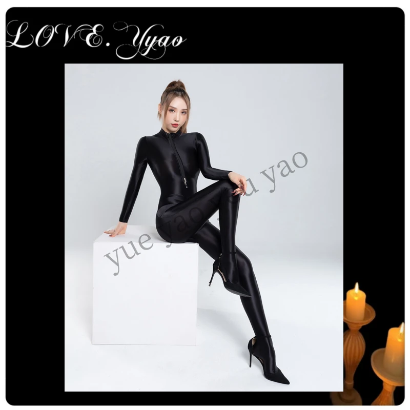 月遥【丝滑之夜】油亮丝滑半身双头拉链网红主播男女同款连体睡衣