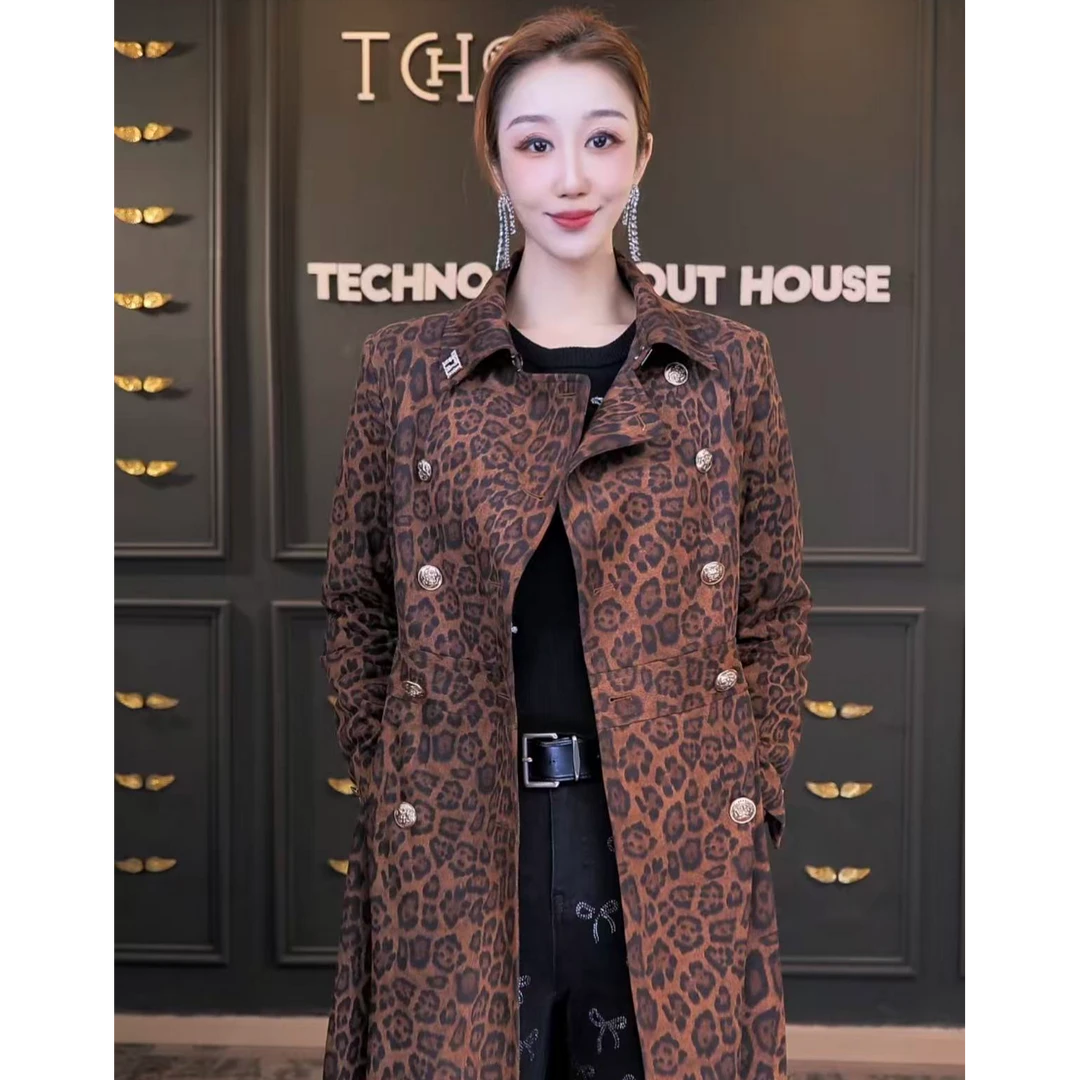 TCH 潮牌烫钻翅膀气质豹纹长款大衣女T75C28E1001