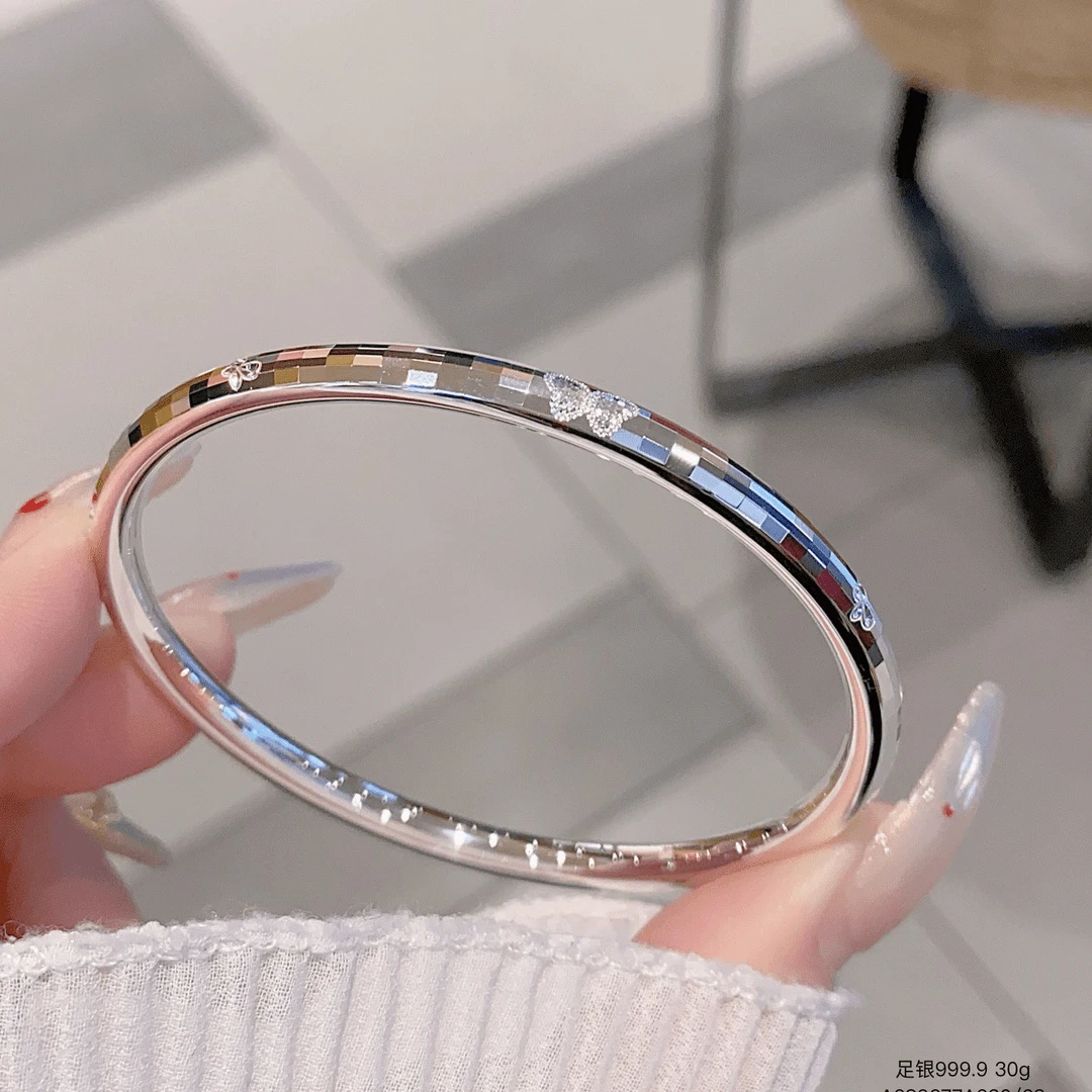 足银手镯 足银999.9CNC碎冰冰蝴蝶时尚精美百搭气质闭口女手镯
