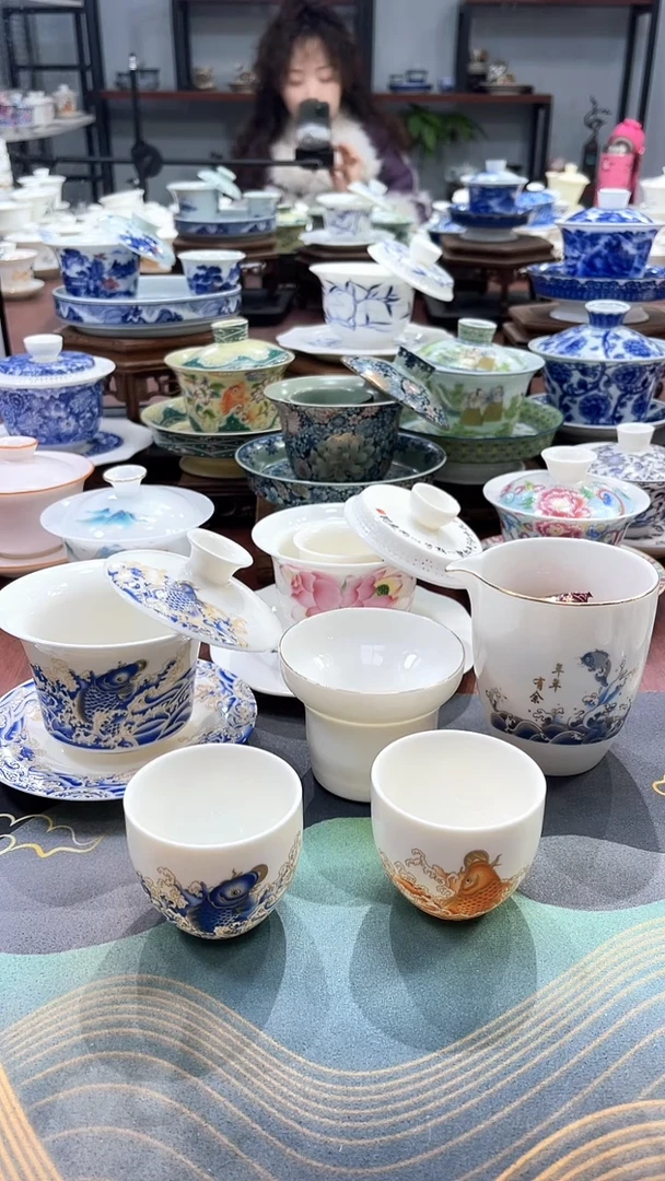 【闪购商品】满彩马蹄蓝色年年有余6杯套装+1杯金有鱼