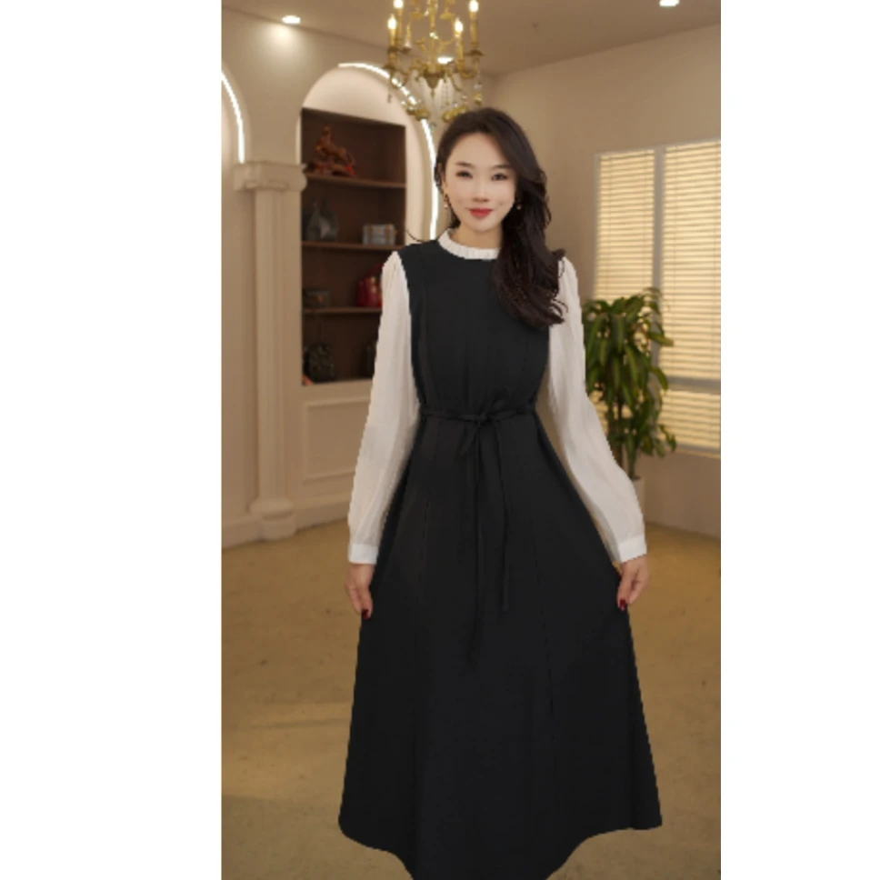 长袖假两件春季连衣裙女复古法式黑色显瘦赫本风设计感裙子8214#