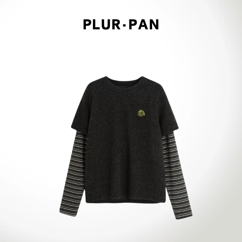 PLUR·PAN时尚条纹拼接假两件小绿怪长袖 t