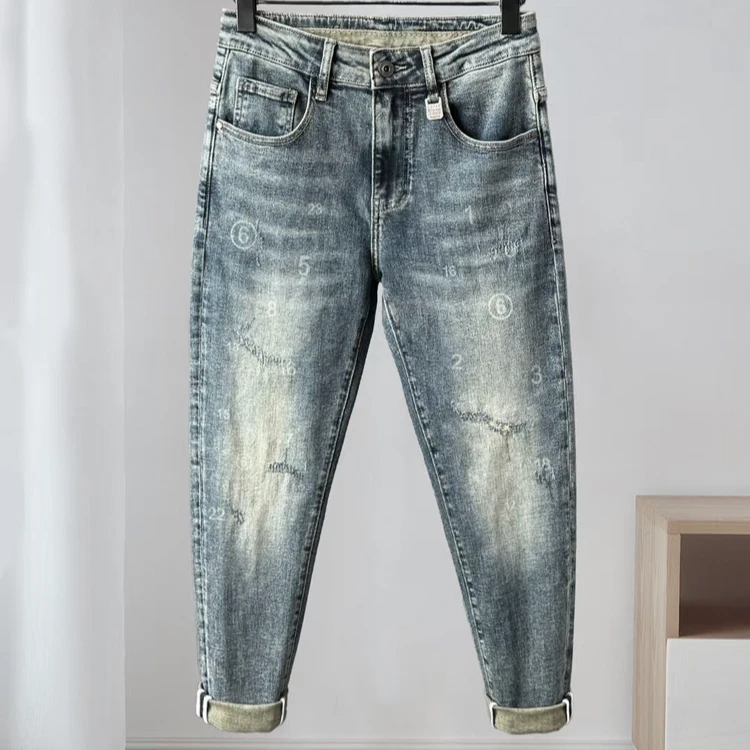兰波高端欧货牛子裤男蓝色破洞小脚弹力中腰薄款春潮牌修身九分裤