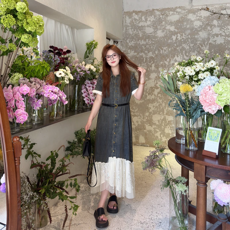 南岛风大码女装拼接牛仔网纱裙摆连衣裙胖mm宽松显瘦长裙ZYY1625