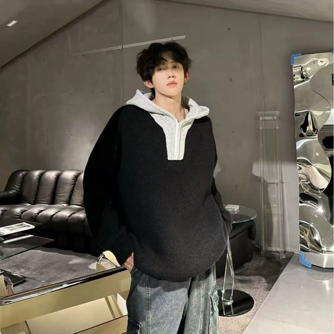 秋冬复古休闲慵懒风V领针织衫男纯色毛衣12374