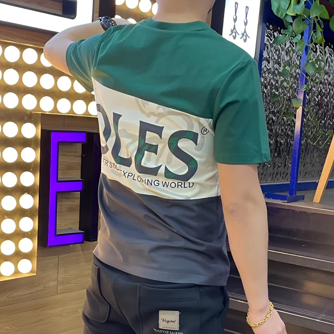 男士短袖t恤男潮牌拼色大字母休闲T夏季百搭套头上衣服帅气半截袖