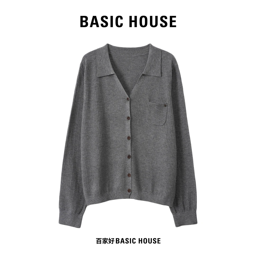 Basic House/百家好2025年秋新款口袋翻领单排扣针织衫P092 MM