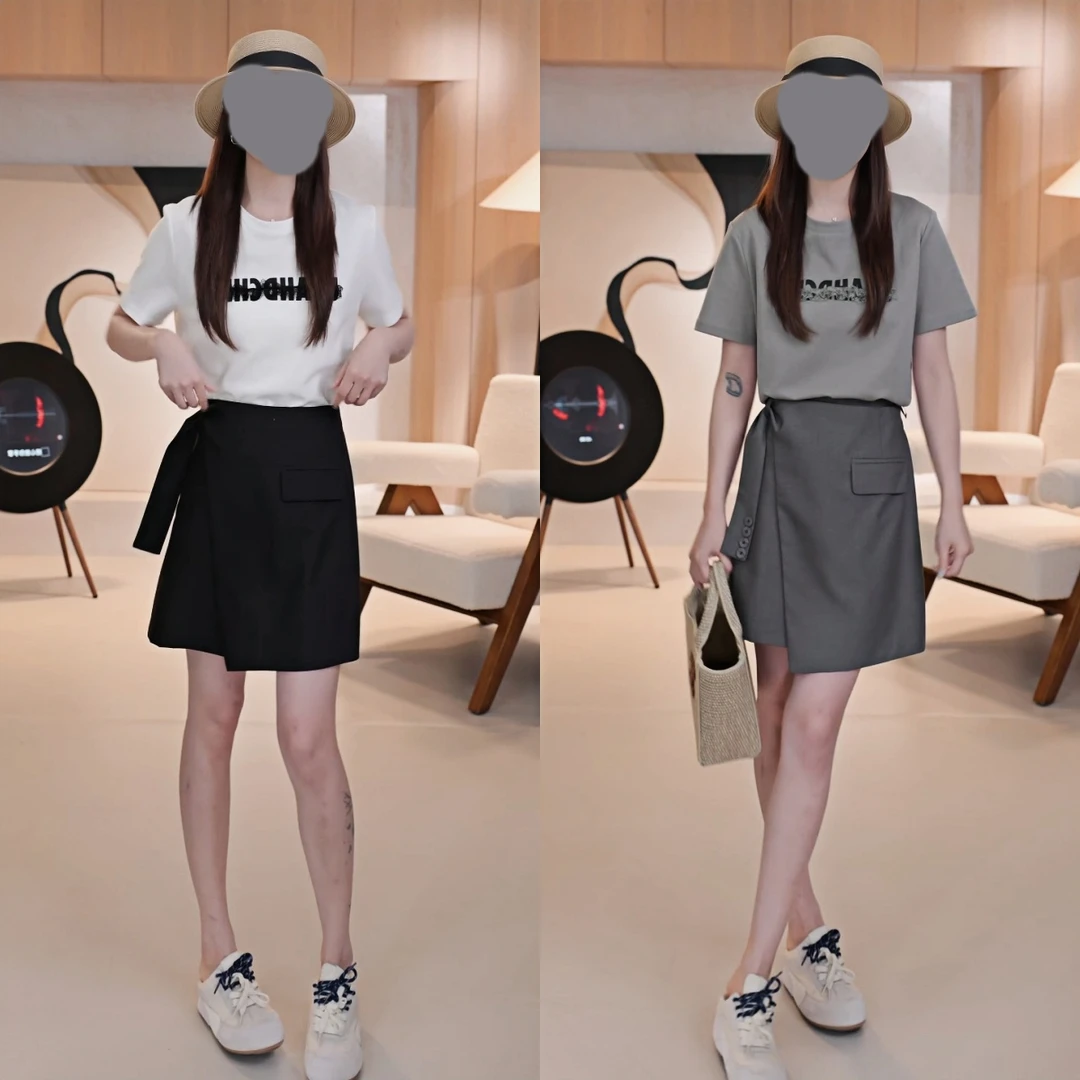 2025夏季新款拼接蕾丝字母短袖T恤+后松紧高腰短裙两件套套装