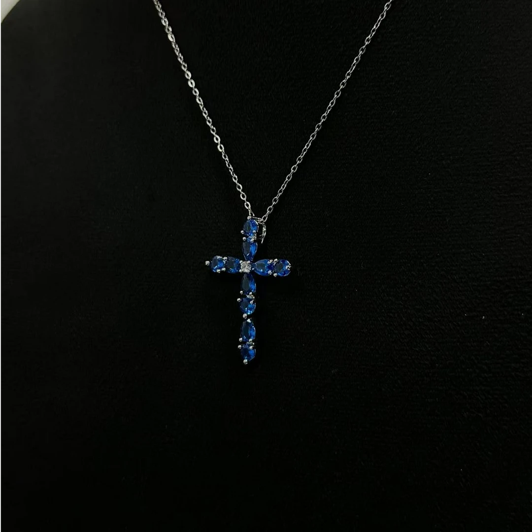 合金项链 【陨灭 冰魄夜宴 项链】银色蓝锆十字项链风发手工时尚复