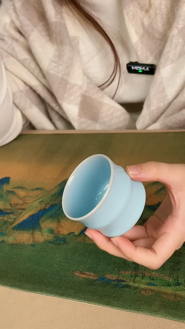 杯子瓷韩红 天青釉  竹节杯