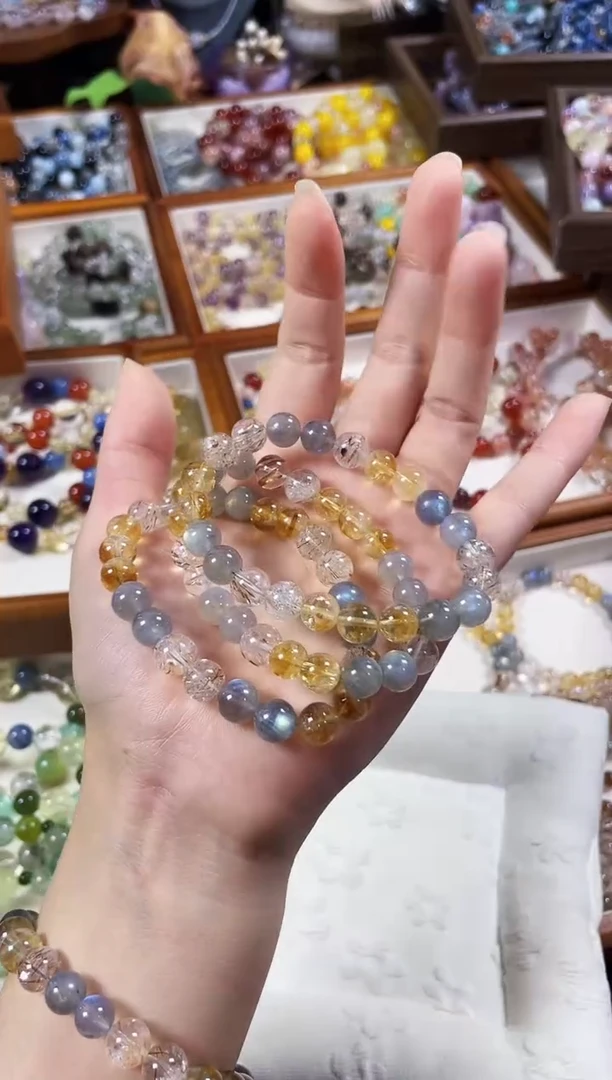 未镶嵌手串水晶月牙】天然灰月光黄塔晶黑金超七手串