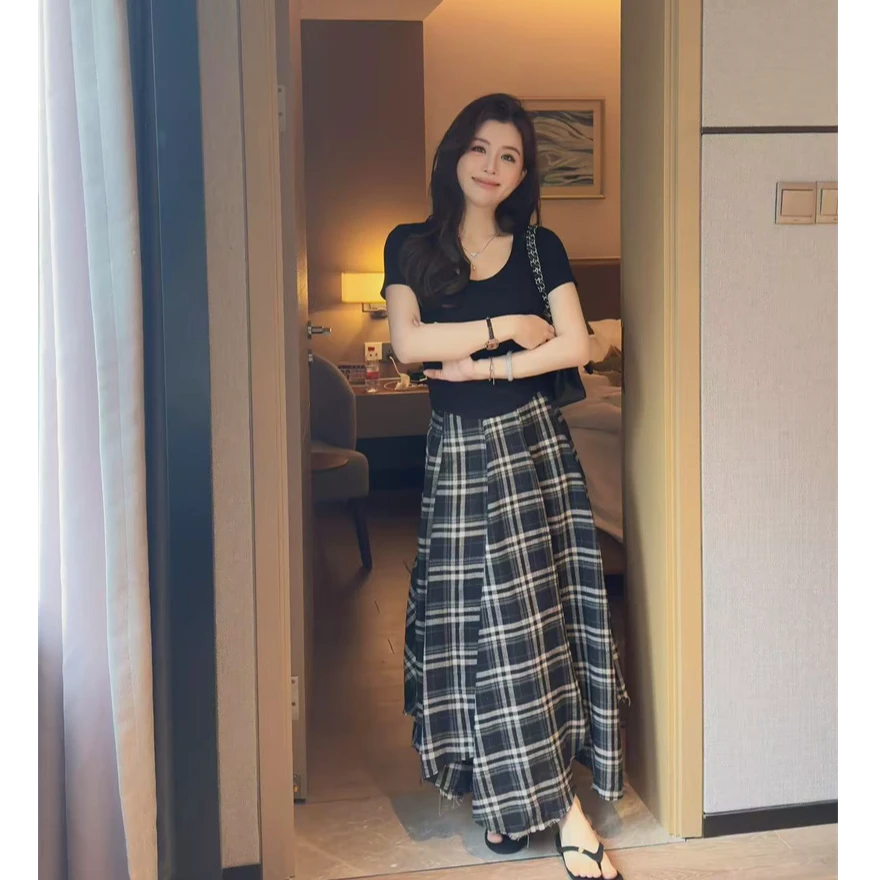 YPP!【格林日记】重工法式吊染格子A字不规则大摆毛边半身裙