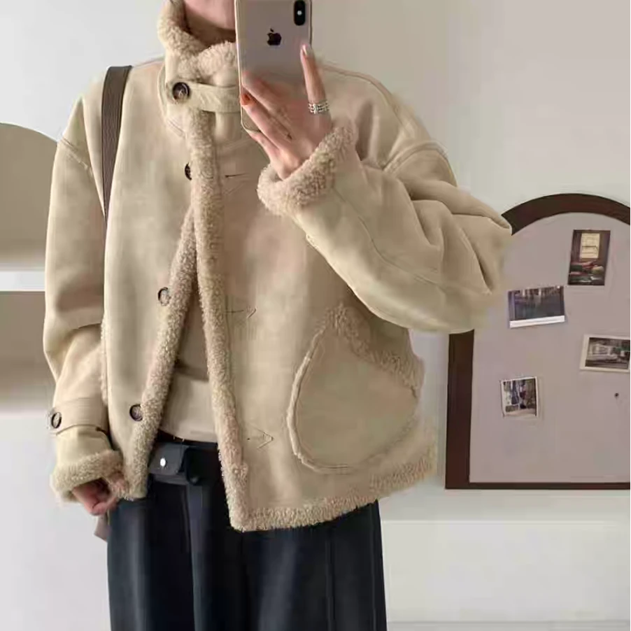 【MY SHAN】冬季新款韩系设计感立领宽松百搭皮毛外套80351