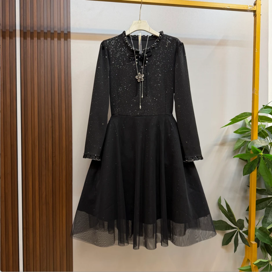 法式微胖新款名媛风黑色亮闪闪复古木耳边领口拼纱宴会礼服小黑裙