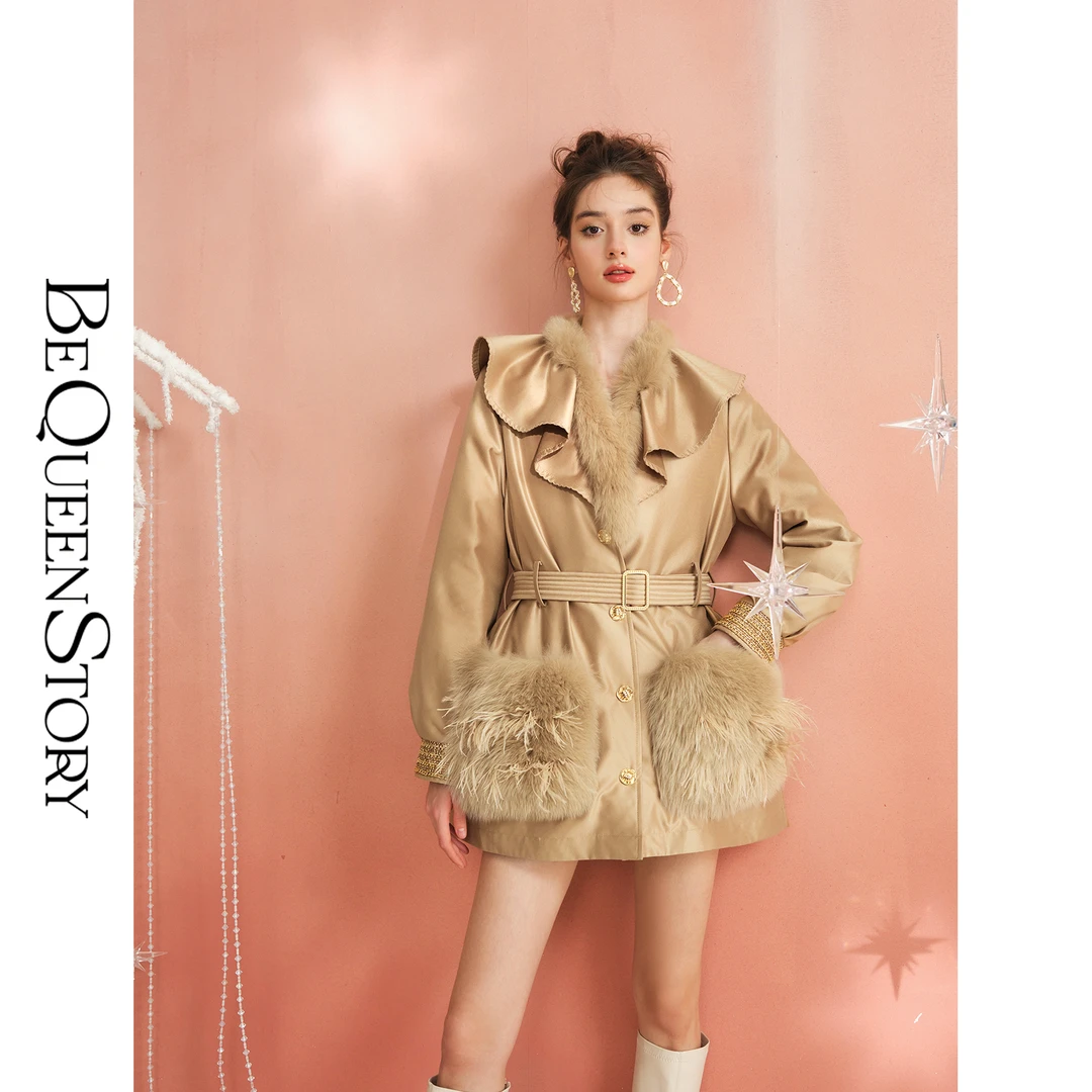 韩韩IU【欲望都市】原创设计重工复古缎面狐狸毛90鹅绒羽绒