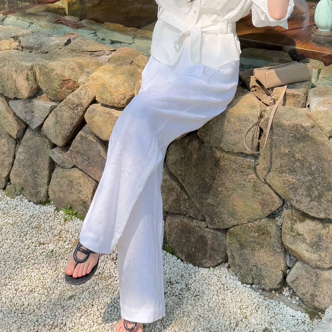 Nancy Lara “从容诠释”亚麻透气阔腿直筒裤 32K3667