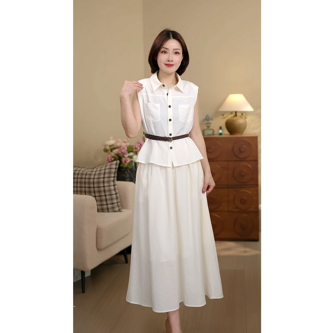 2025夏季新款无袖收腰设计感翻领衬衫纯色气质百搭半身裙两件套