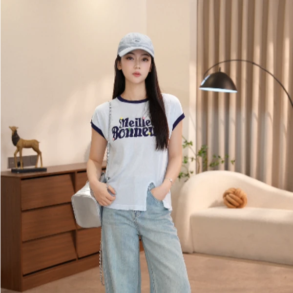 vco/微酷撞色简约通勤宽松型显瘦圆领宽松短袖T恤直筒夏装