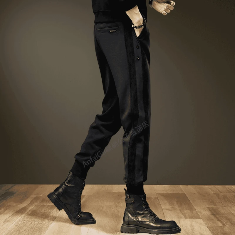 休闲秋季款宽松黑色裤子秋季拼接束脚运动裤美式潮牌卫裤长裤