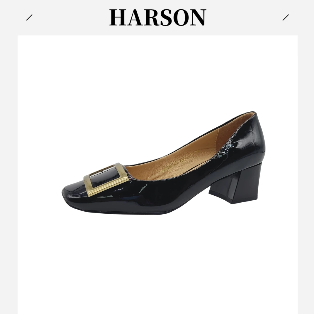 Harson/哈森浅口耐磨方扣纯色单鞋高跟黑色低跟中跟尖头230159