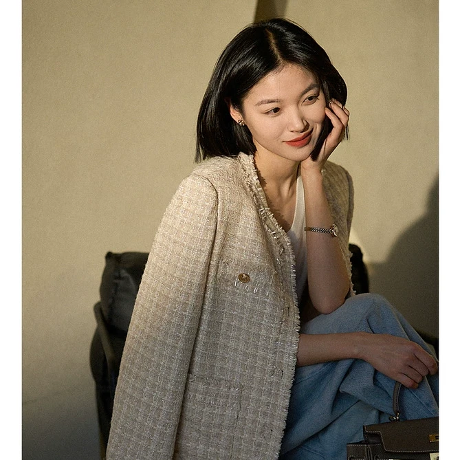 笑涵阁 珠光鎏金 重工编织优雅流苏小香圆领外套WTF761364AG