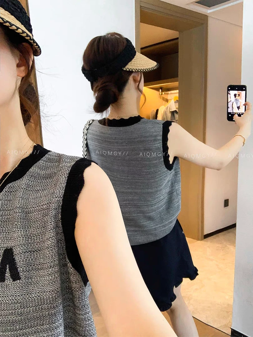 灰色圆领短袖字母针织T恤女2025夏季新款百搭背心上衣