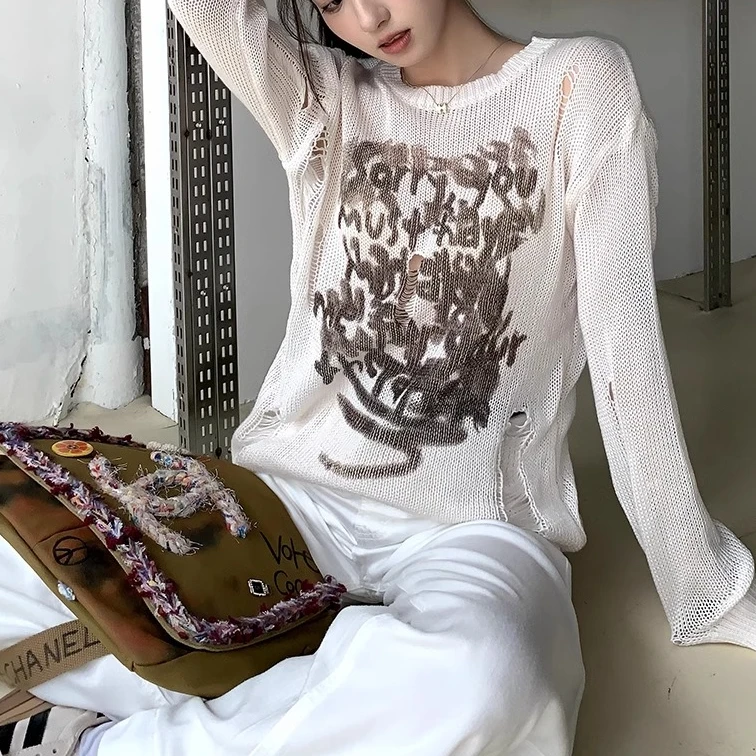 美式镂空破洞防晒清冷感针织衫女夏季辣妹宽松慵懒风长袖罩衫