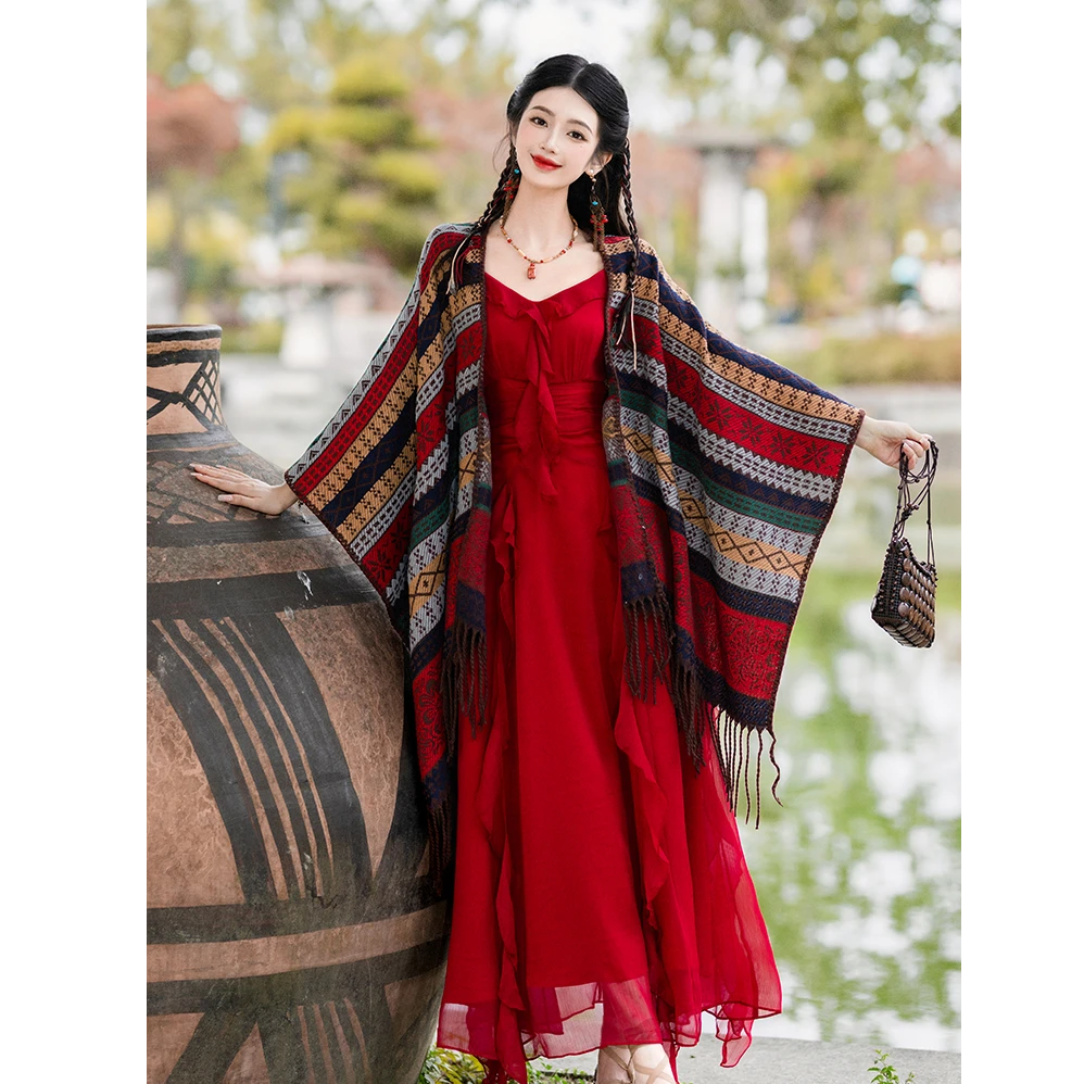 云南旅游西异域风情女装新疆沙漠青海拉萨茶卡盐湖红色连衣裙A761
