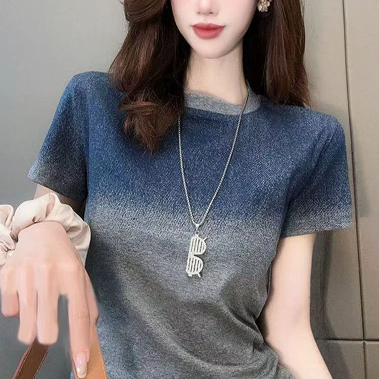 欧版复古高级渐变撞色短袖T恤气质百搭服装女25841洋气衣服女