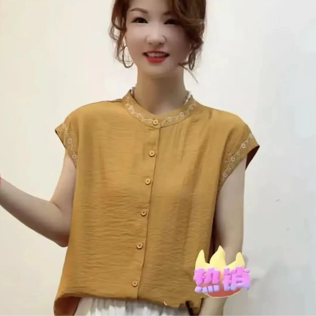 夏季新款洋气印花百搭显瘦减龄衬衫女气质优雅纯色短袖0705