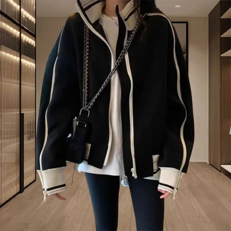 2025春秋季新款女士黑白拼接立领棒球服外套宽松独特休闲夹克上衣