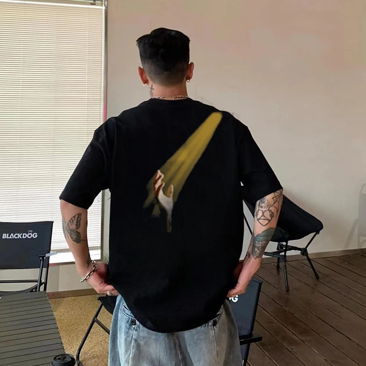 潮流创意光影印花短袖T恤男生夏季小众设计感宽松重磅百搭上衣