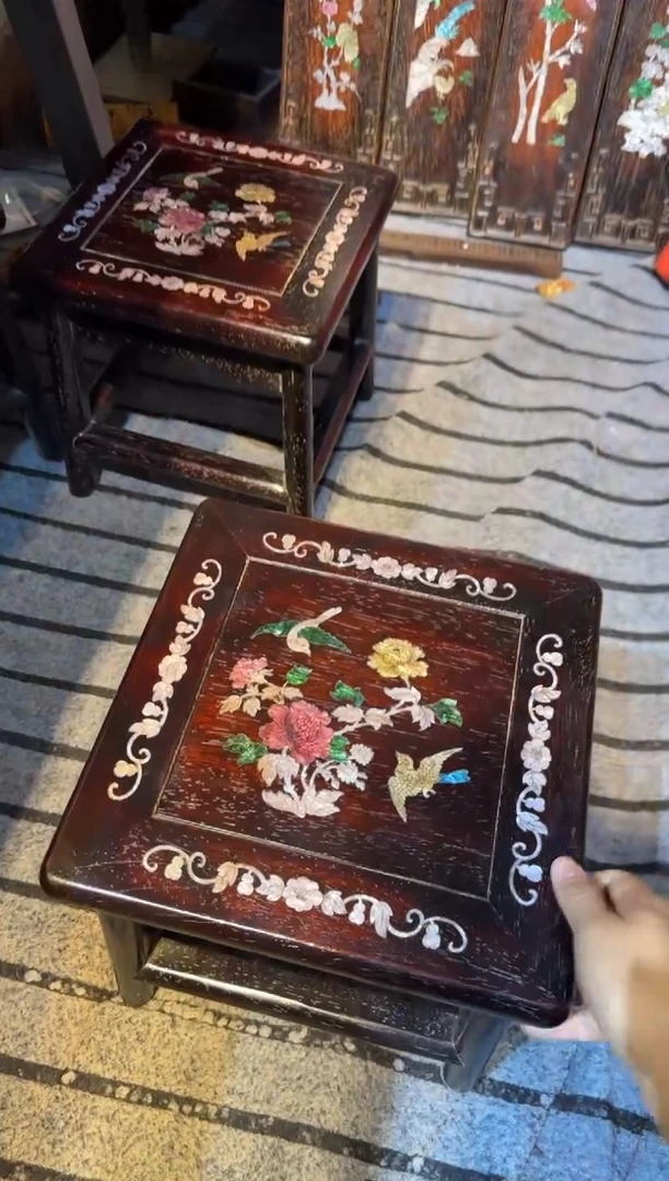 木紫檀富贵凳镶嵌彩贝花鸟花鸟
