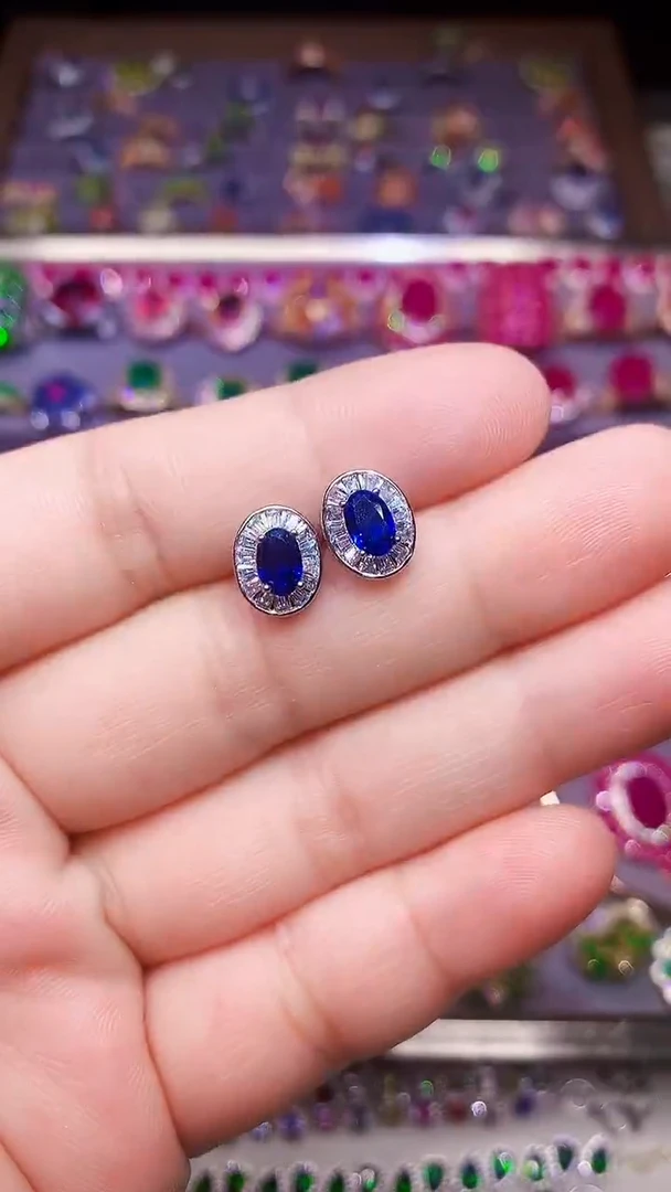 耳饰蓝宝石银S925镶嵌...