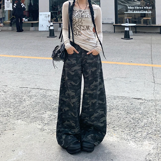 迷彩百搭2025春季新款牛仔裤女高腰宽松遮跨显瘦不贴腿微喇叭拖地