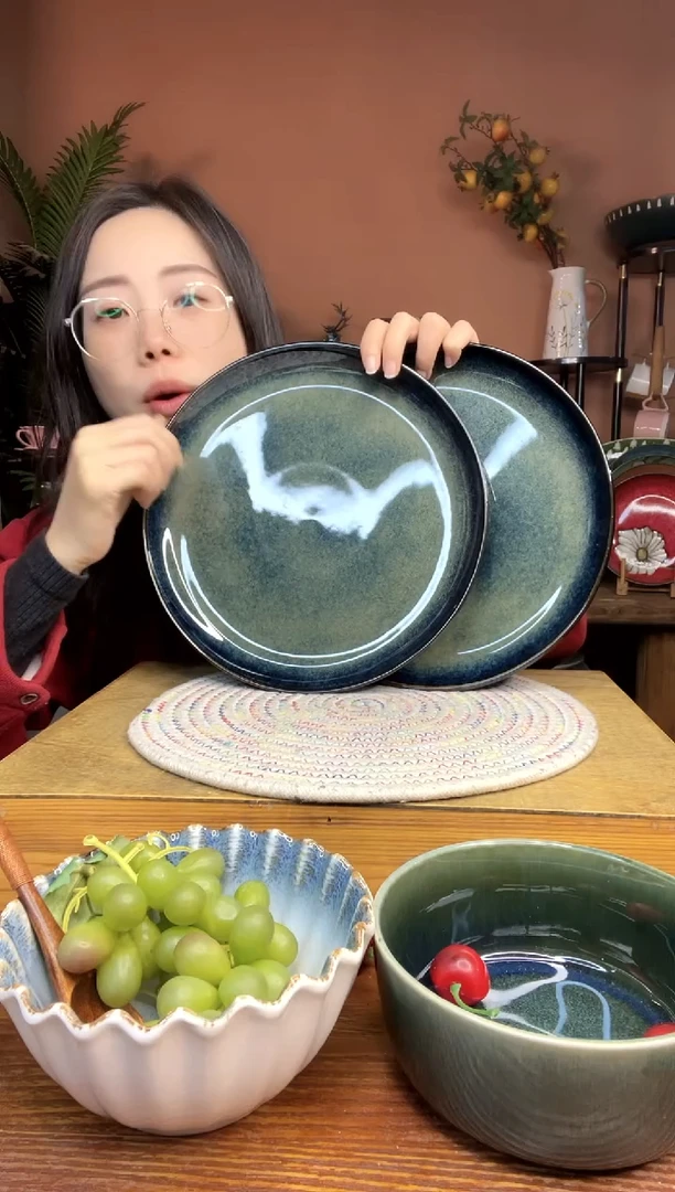 陶瓷10.5英寸双层窑变釉工艺大盘 微瑕疵