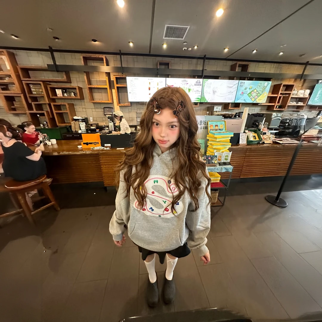 美式复古彩色豹纹字母印花连帽卫衣女秋冬宽松百搭慵懒风上衣外套