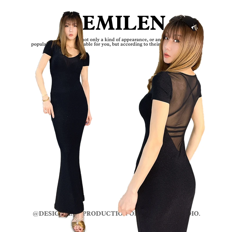Aemi 2025夏季新款网纱露背拼接鱼尾黑色长裙性感修身短袖连衣裙