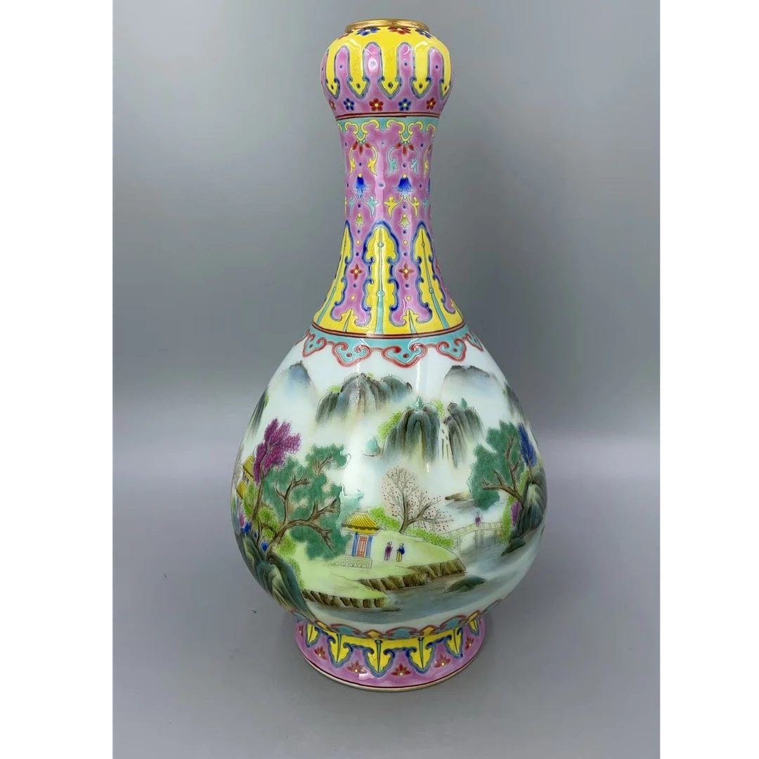 景德镇陶瓷/粉彩/山水/蒜头瓶