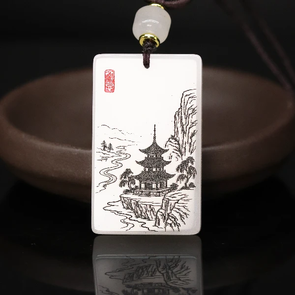 天然新疆金丝玉水墨山水无事牌国风玉吊坠颈饰玉石平安Y903大亭