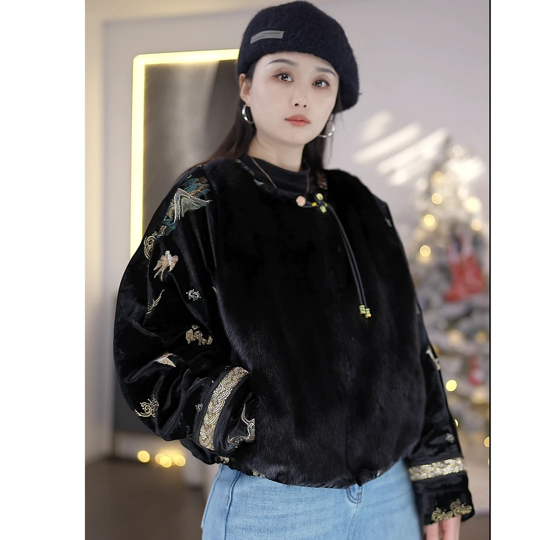 2025新中式女冬季水貂皮草外套圆领保暖短外套丝绒短外套25122