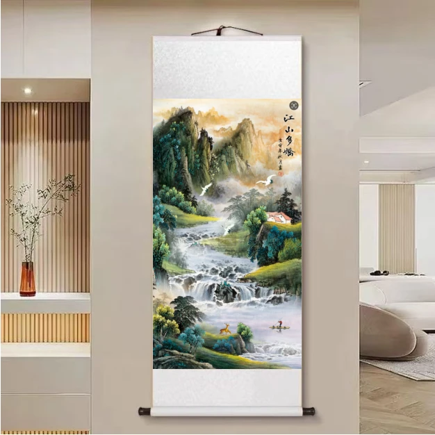 【江山多娇】140*45新中式竖幅实木卷轴画客厅书房茶室挂画