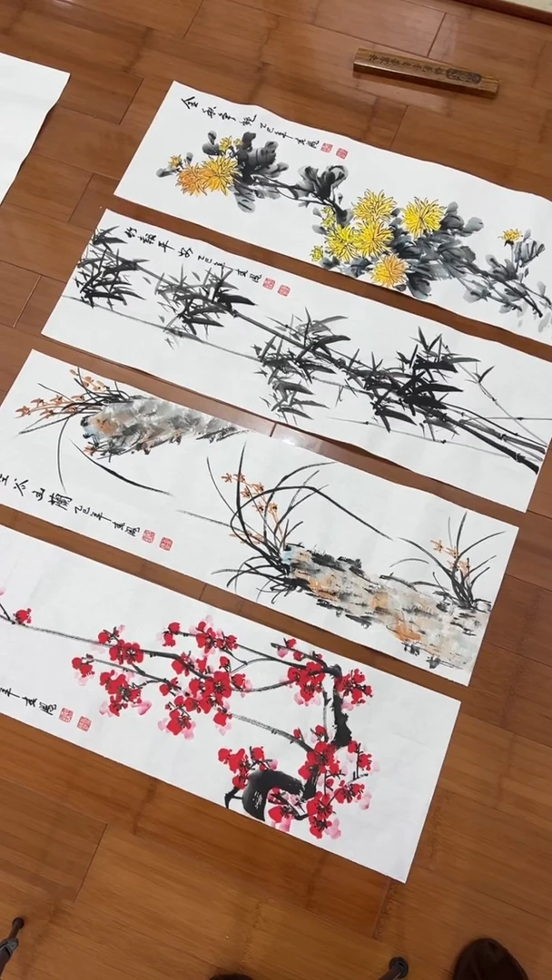 国画【福利，纯手工手绘】李春凤梅兰竹菊30*98厘米*4幅