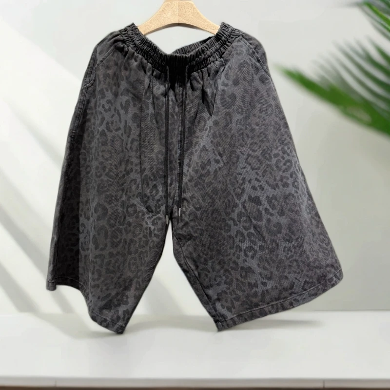 韩国新款牛仔料豹纹短裤