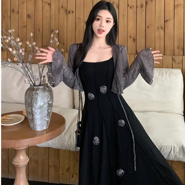 【山茶吟游】法式复古背心裙立体花朵设计收腰显瘦连衣裙套装