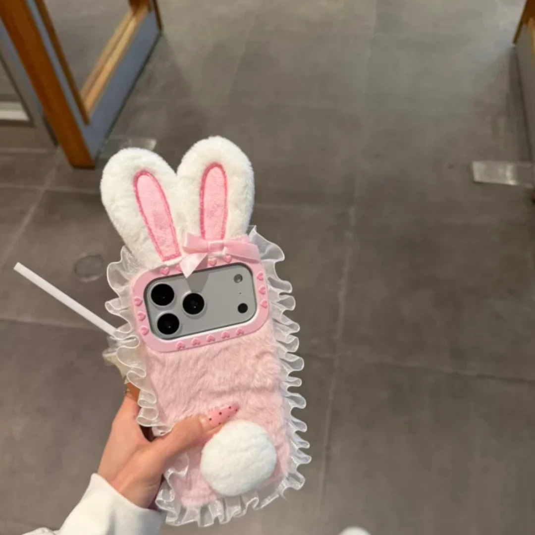 少女毛绒花边兔子适用苹果17promax秋冬16pro手机壳保护套15/1413